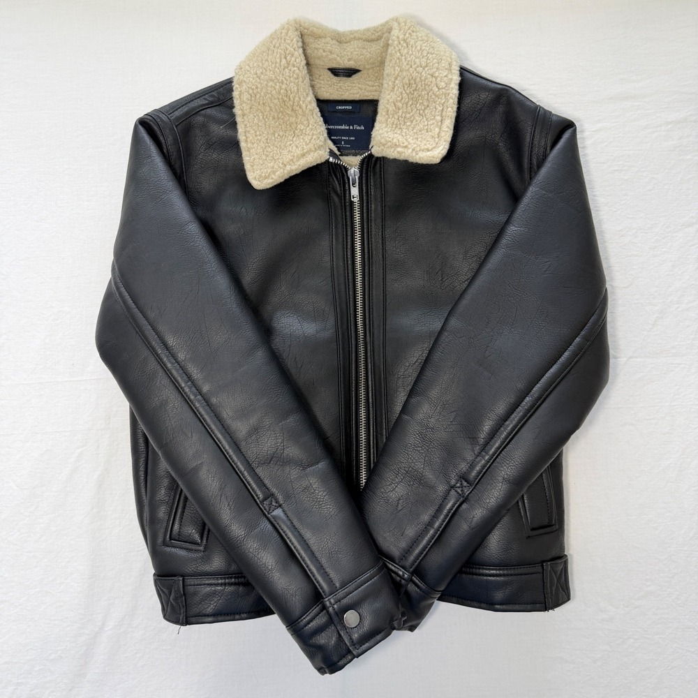 Abercrombie & Fitch Cropped Vegan Leather Sherpa Aviator Jacket Men Small Black